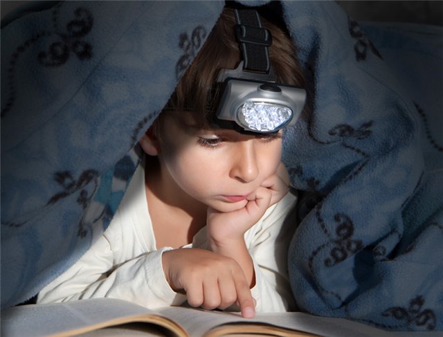 мальчик читает книгу под одеялом
